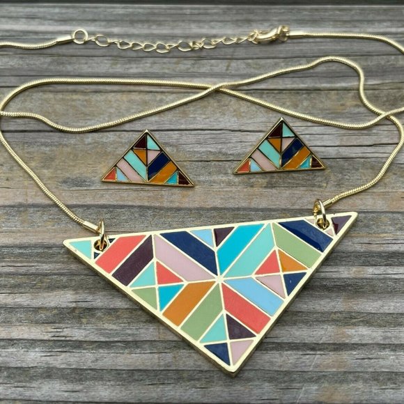 Fruitful Necklaces Gold Tone Geometric Triangle Earring enamel paint Jewelry Set - Picture 7 of 12